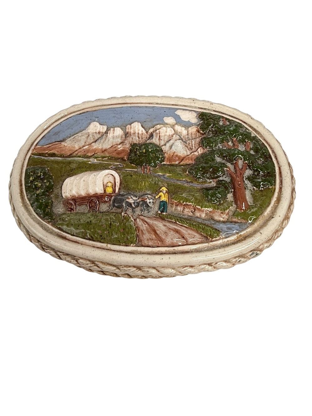 Vintage Oval Ceramic Trinket Jewelry Box Covered Wagon Pioneer